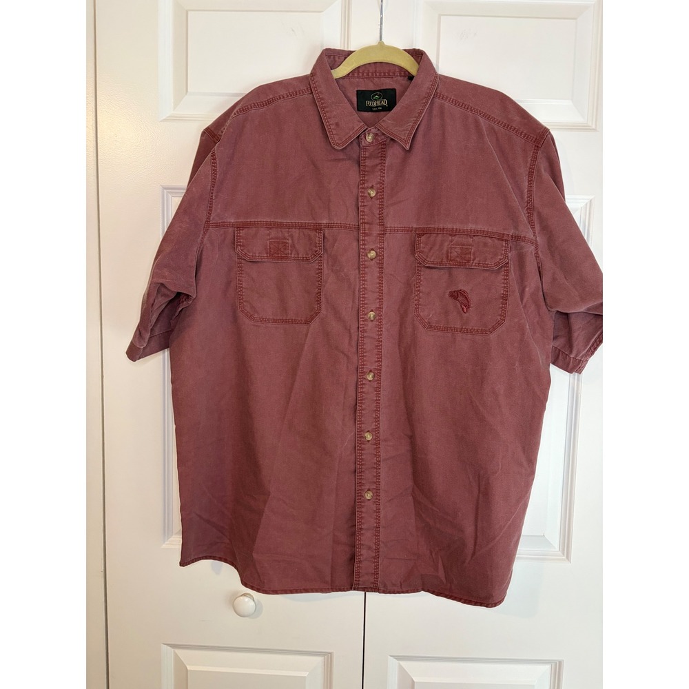 RedHead Mens Short Sleeve Button Down Shirt Burgundy Cotton Fishing Utility 2XL